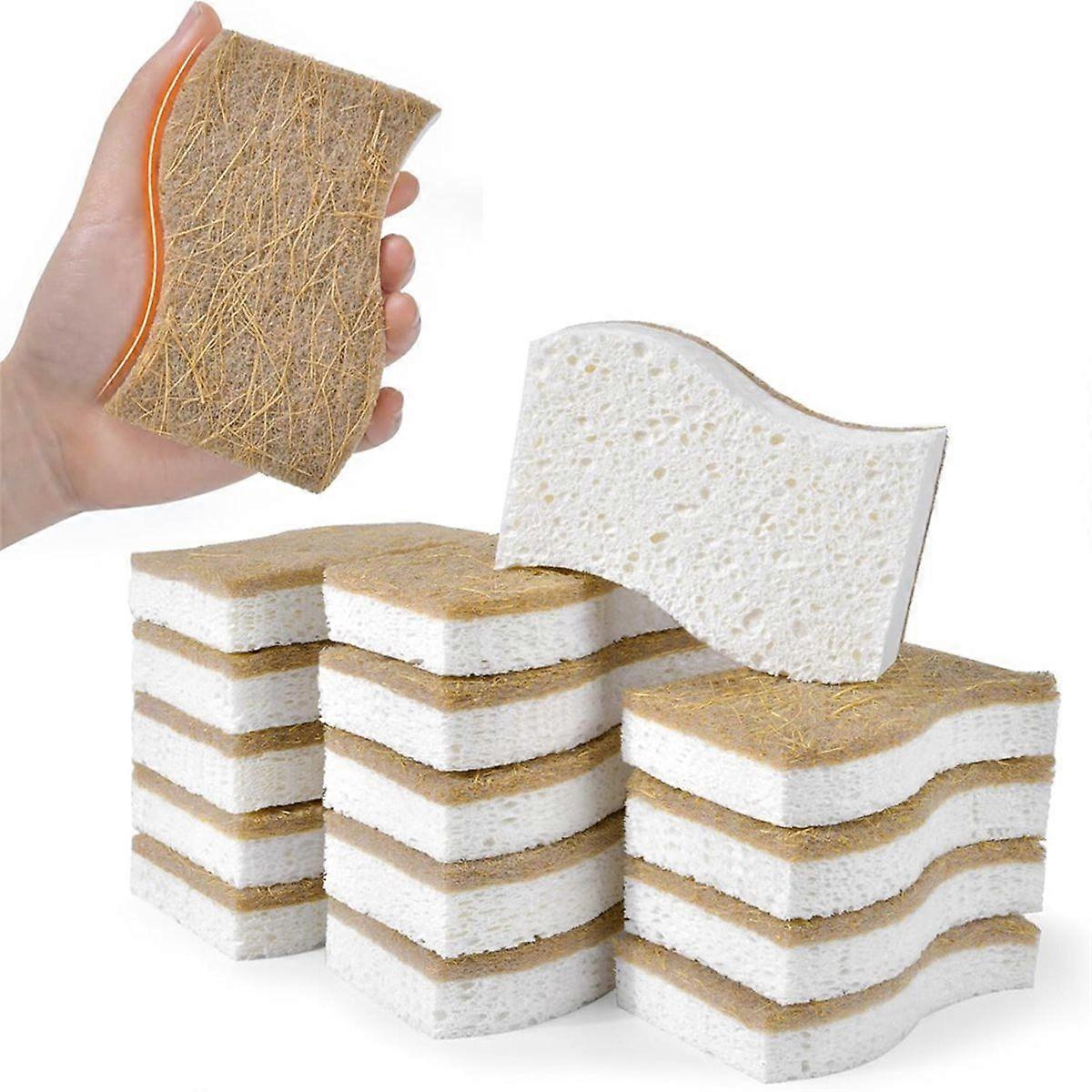 15 Pack Biodegradable Natural Kitchen Sponge - Compostable Cellulose and Coconut Walnut Scrubber Sponge
