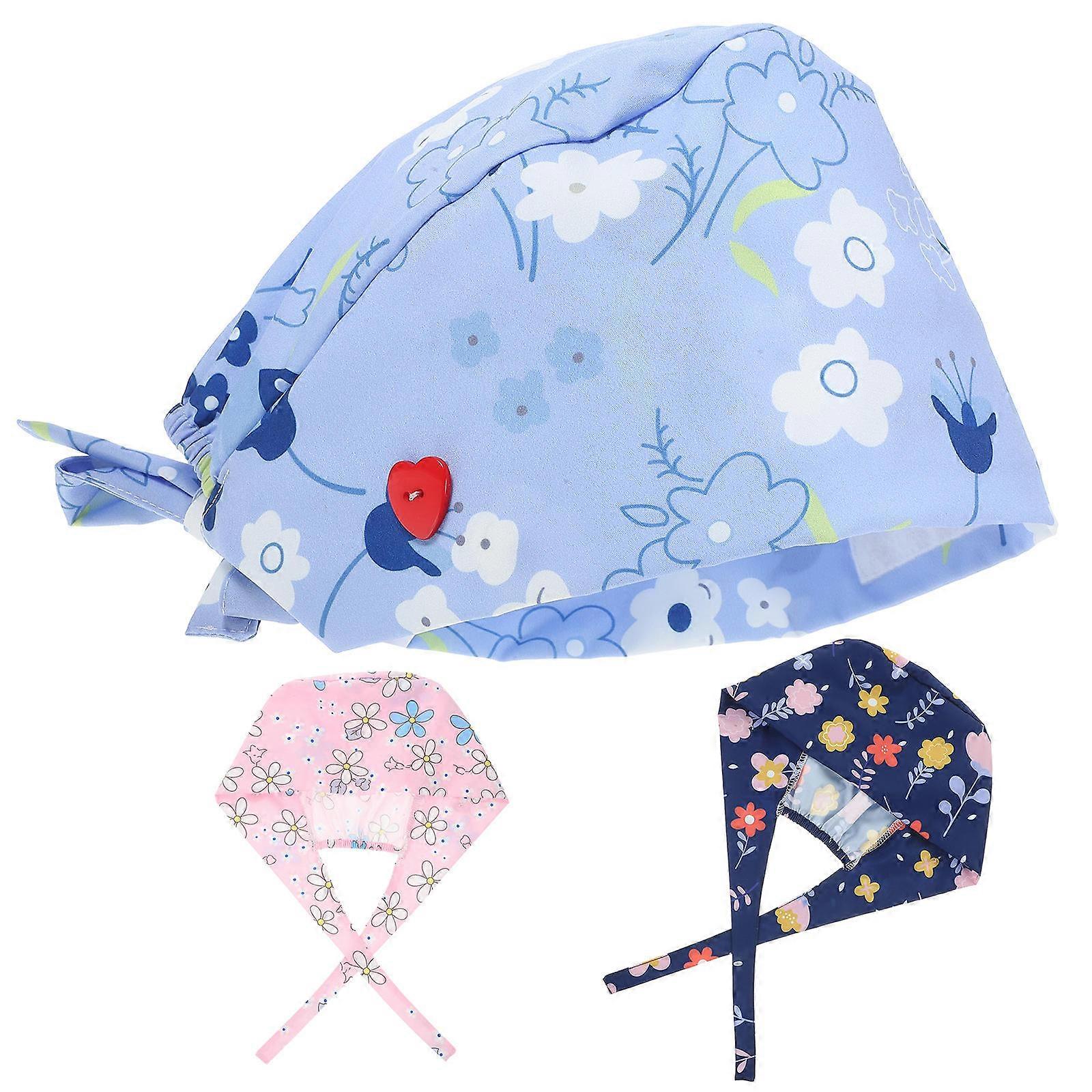 Button Printed Turban Adjustable Bouffant Cap Light Blue 3Pcs