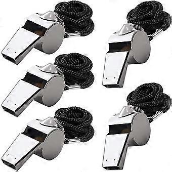 5 Pack Steel Whistle with Lanyard, Loud Pea Whistle for Referee Coach Teacher Sports Training