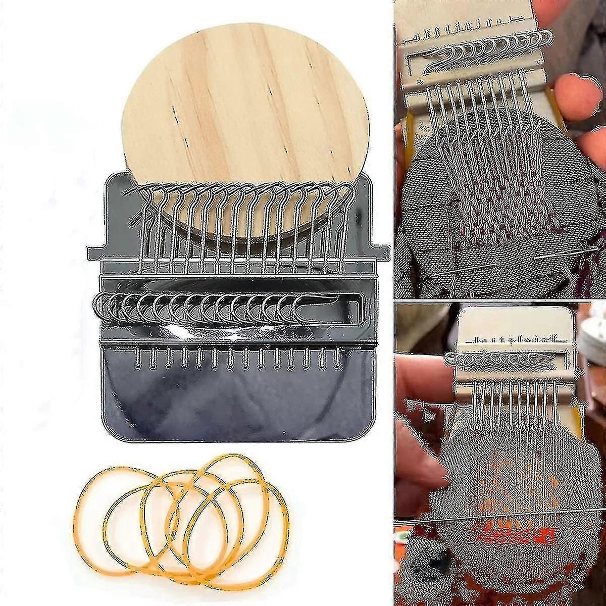 Small Handheld Darning Loom Tool, Speed Weave Kit with Metal Hooks and Wooden Disc for Quick Repair of Clothes Holes, DIY Craft