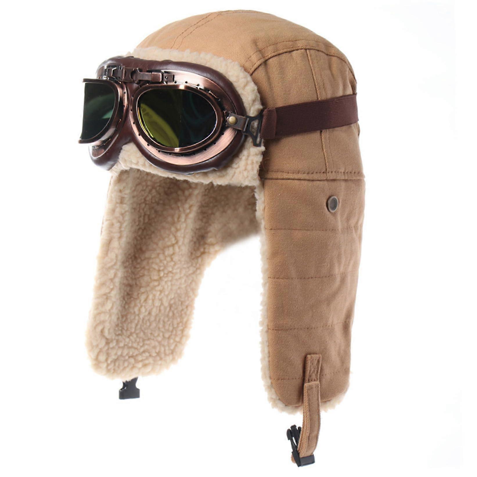 Winter Trapper Hat with Goggles and Ear Flaps, Windproof Canvas Shell, Thick Lamb Wool Lining, Khaki