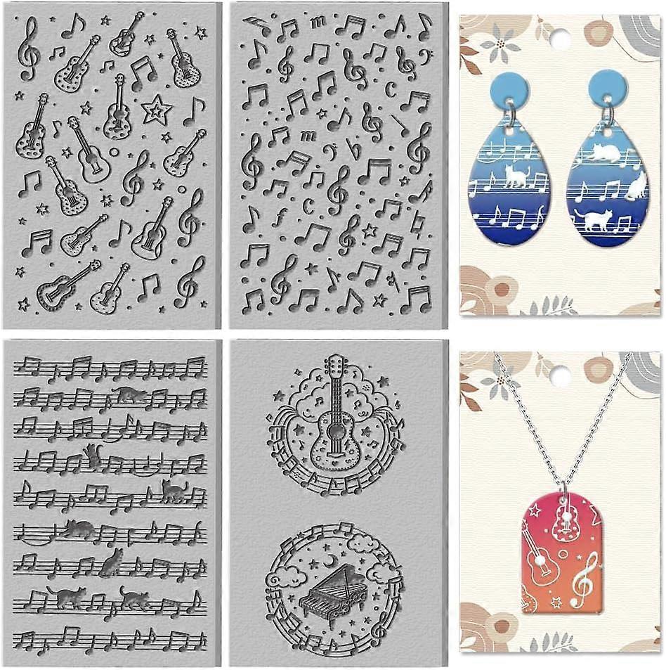 4 Sheets Musical Elements Clay Texture Mat Guitar Pattern Polymer Clay Texture Sheets DIY Tools