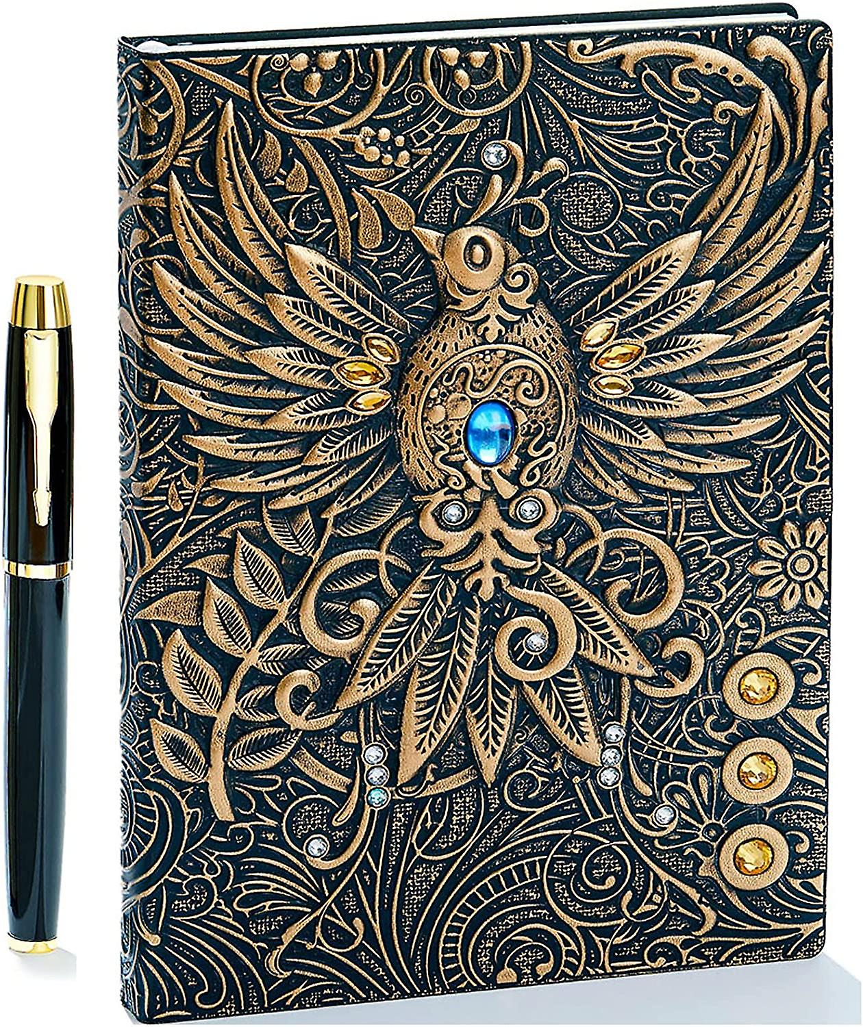 Vintage 3d Phoenix Embossed Leather Writing Journal Notebook With Gold Pen Set,a5,200pages,antique Handmade Daily Notepad Sketchbook,travel Diary&note