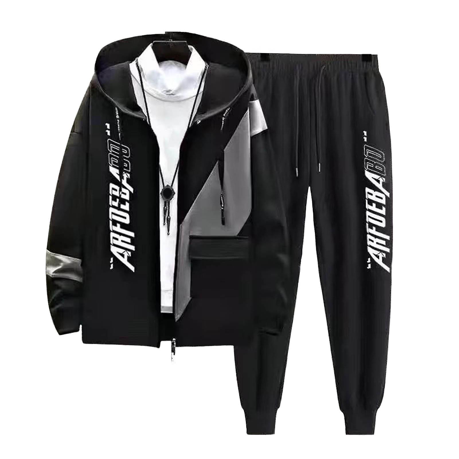 2Pcs/Set Long Sleeve Pockets Drawstring Elastic Waistline Zipper Placket Hoodie Coat Pants Men Autumn Letter Print Loose Tracksuit Outfit