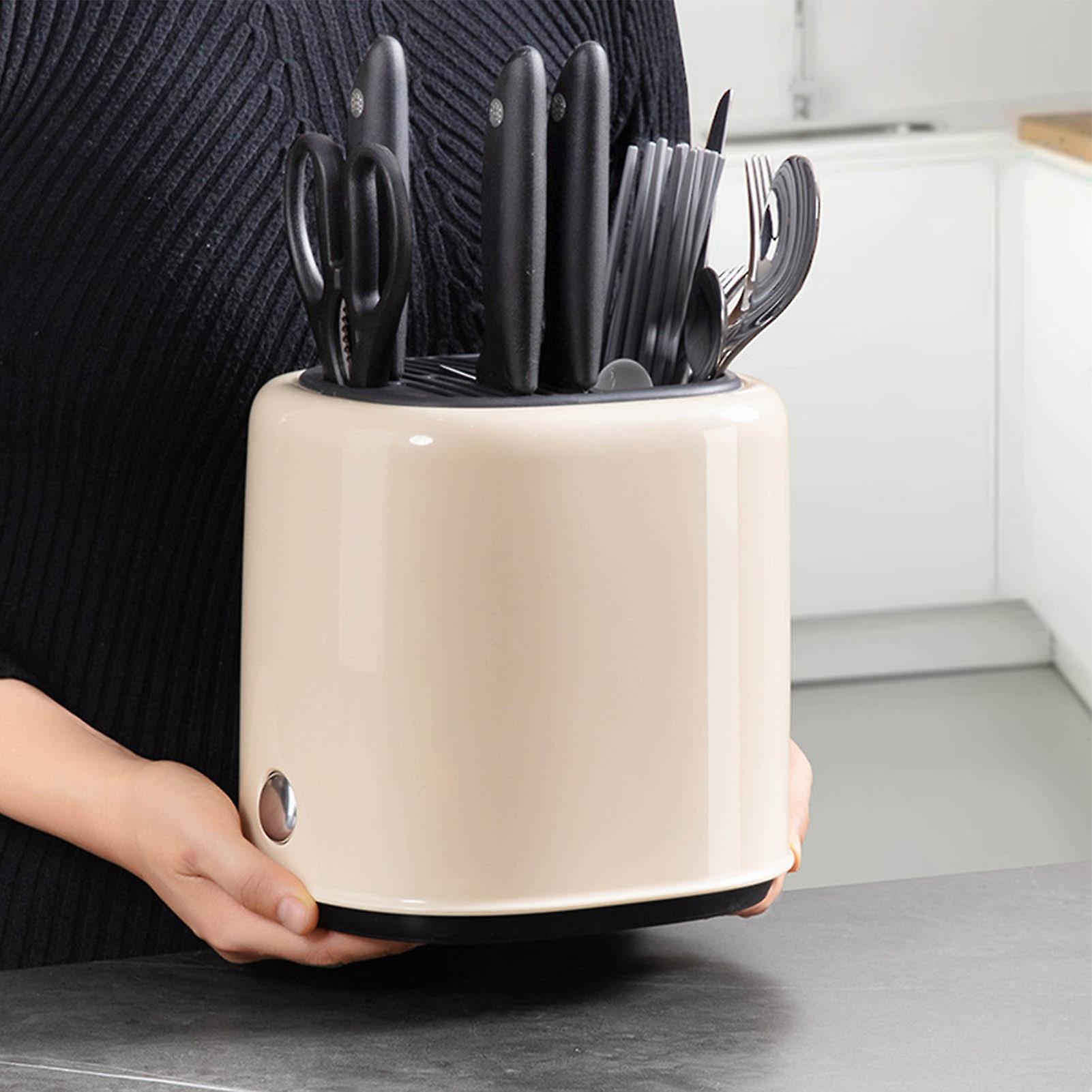 Knife Block Utensil Holder Retro Space Saving Large Capacity 2 In 1 Countertop Utensil Organizer for Kitchen Beige