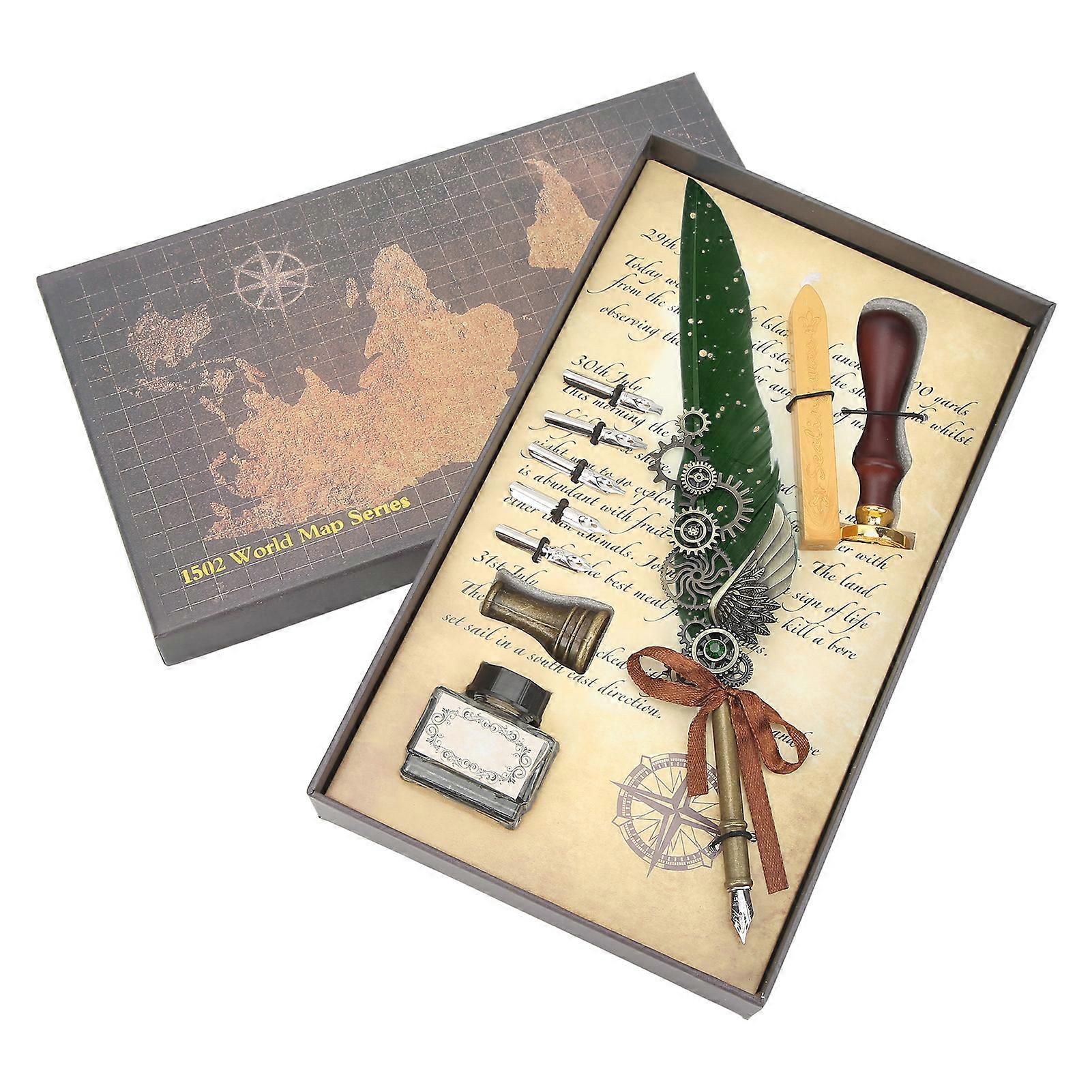 Retro Feather Pen Set Vintage Map Pattern Quill Pen Set with 5 Replacement Nibs Pen Stand Base Ink Empty Bottle for Writing Green
