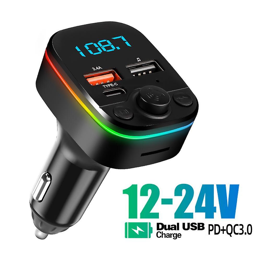 3in1 Car Bluetooth 5.0 FM Transmitter Mp3 Player 3.4A Dual Port USB +Type C PD Fast Charger With Remote Control Ambient Light Wireless Audio Receiver