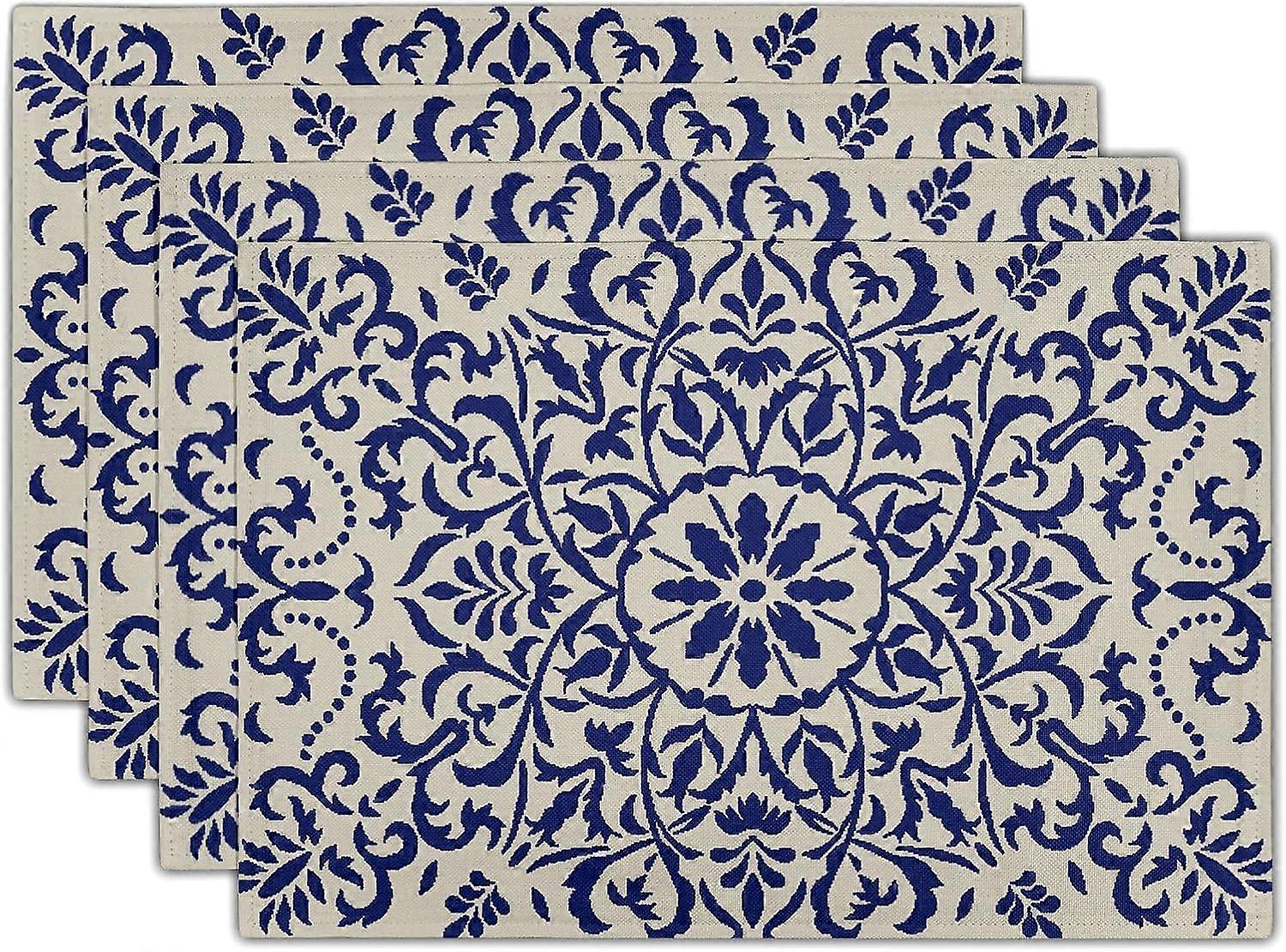 Navy Blue Placemats Set of 4 12x18 Inch Rustic Boho Ethnic Carpet Style Bohemian Vintage Flower Table Mats Farmhouse Decorative Linen Washable Floral 