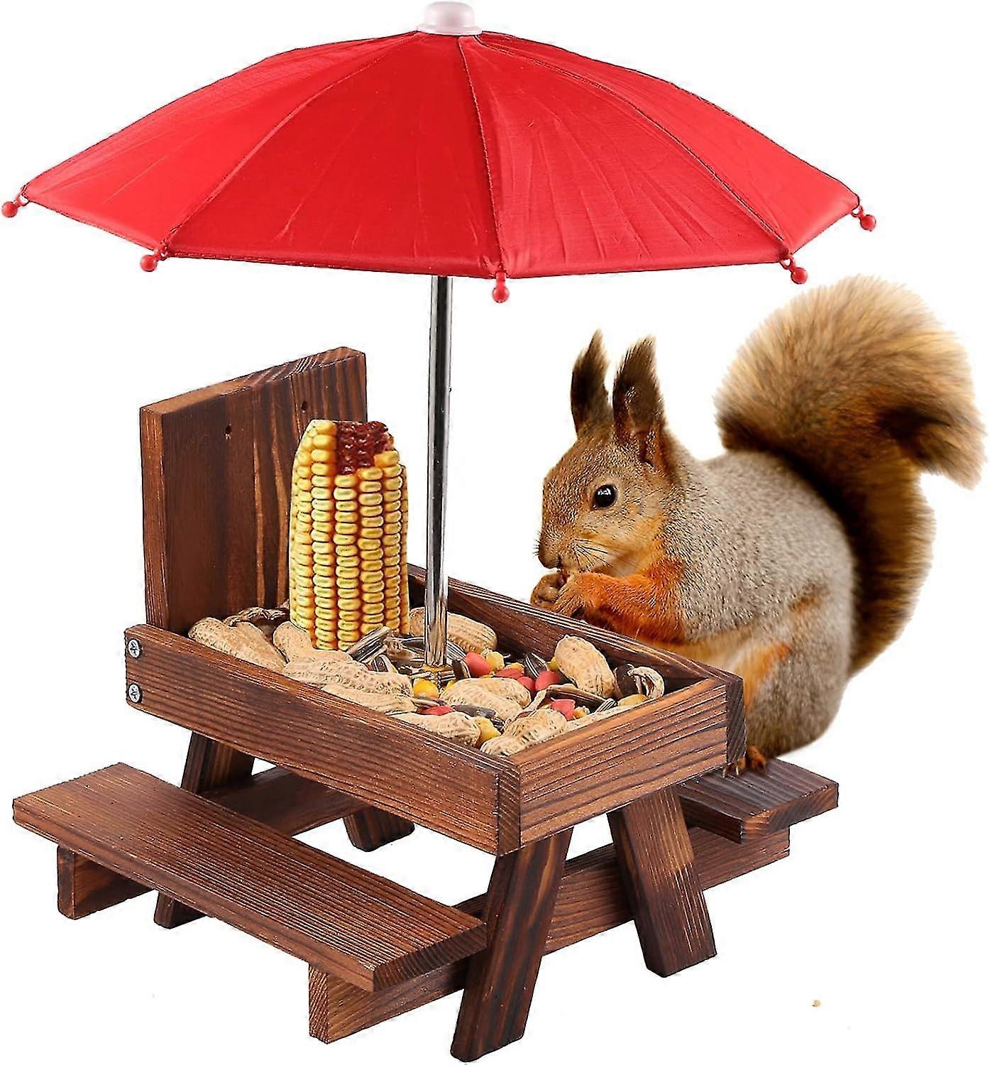 Squirrel Feeder Picnic Table with Umbrella  Wooden Squirrel Feeders for Outside with Corn Cobs  Cute Chipmunk Feeder with Solid Structure for Squirrel