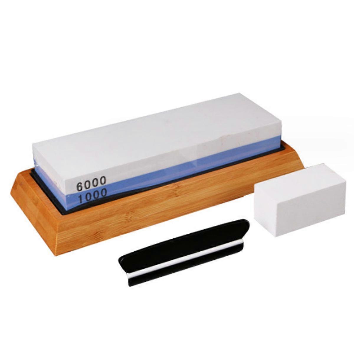 Knife Sharpener, Sharpening Stone, 2 in 1 1000/6000 Grit with Bamboo Base, Non-slip Silicone Support, Angle Guide