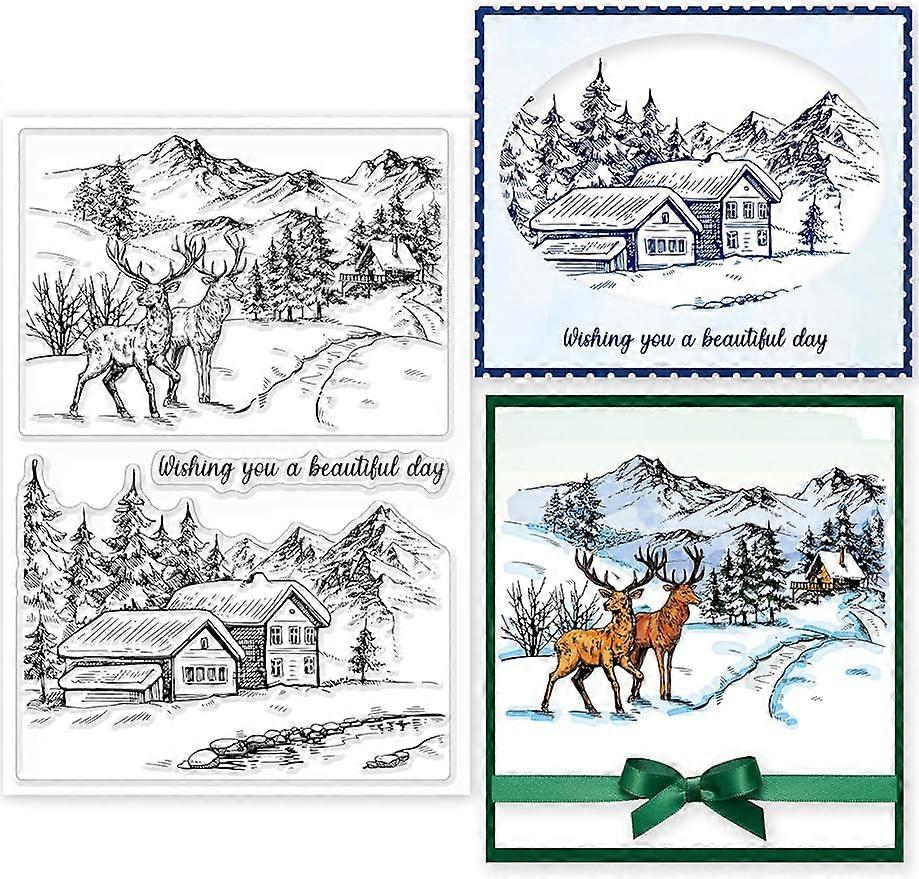 1Sheet Winter Forest Background Silicone Clear Stamps