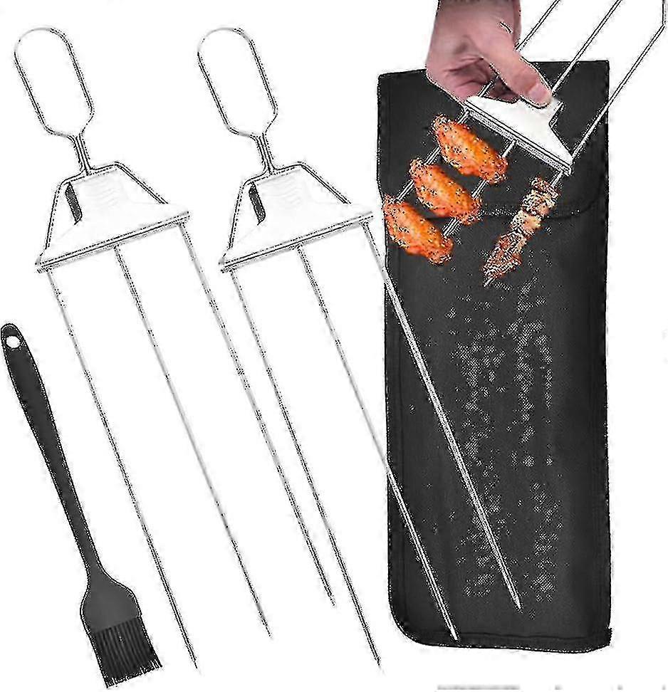 3 Way Grill Skewers, 3 Prong Stainless Steel Skewers For Grilling, Metal Grill Skewers Semi-automatic Grill Fork With Push Bar Slider