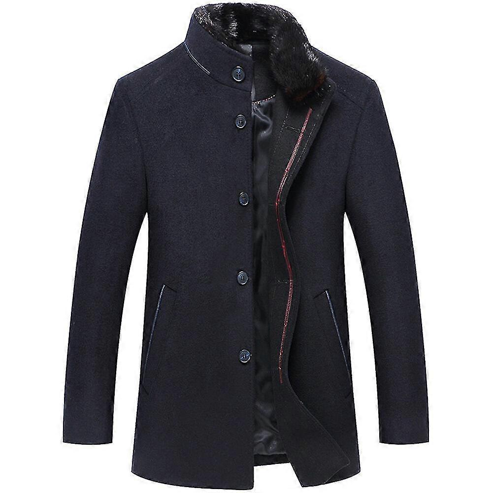 VAWAN Mens Classic Wool Button Down Fur Collar Overcoat