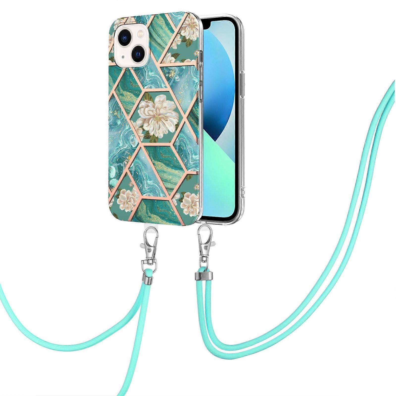 For iPhone 14 Plus Electroplating Splicing Marble Flower Pattern TPU Shockproof Case with Lanyard