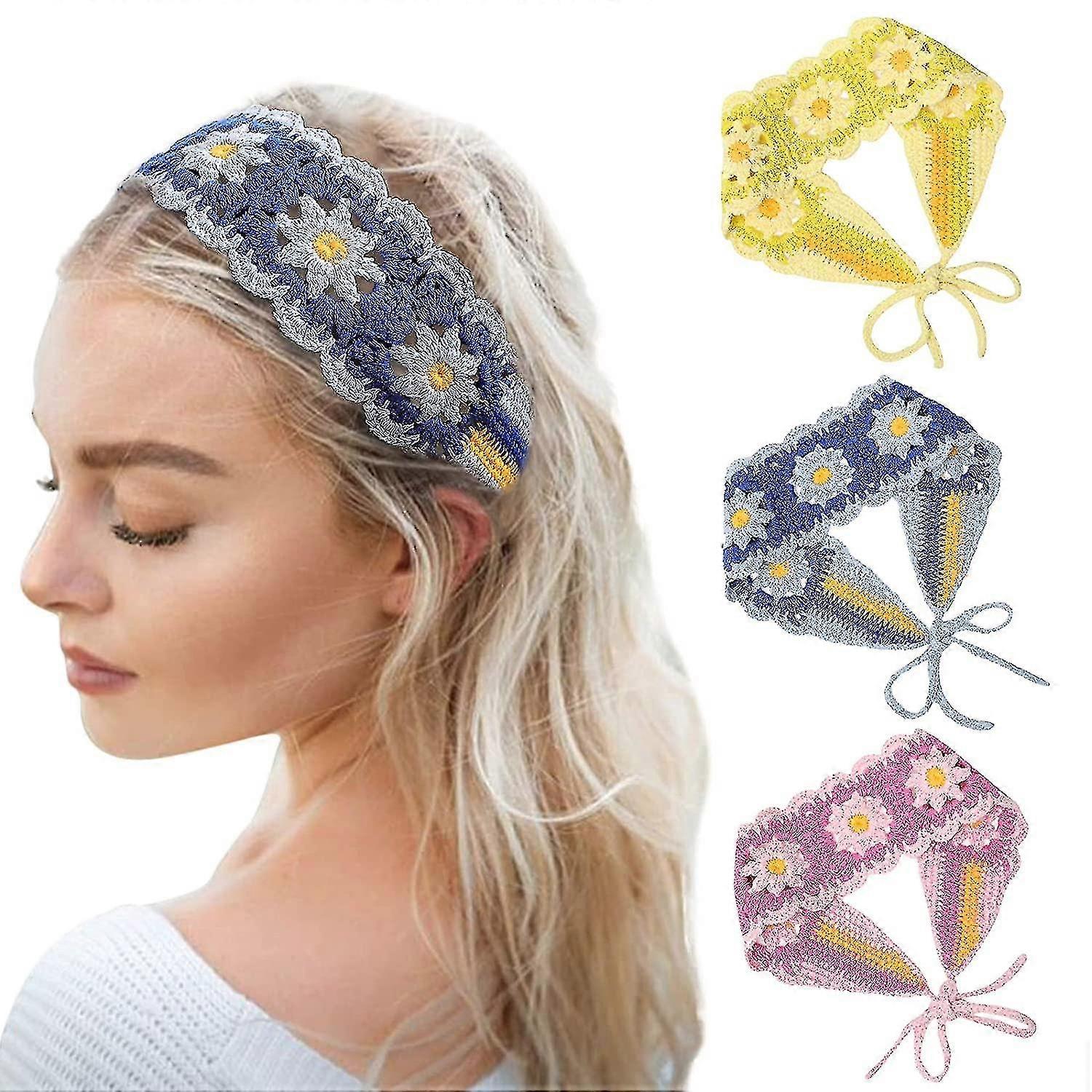 3 Pièces Crochet Bandana Broderie Bandana Femme Ajouré Foulard Cheveux