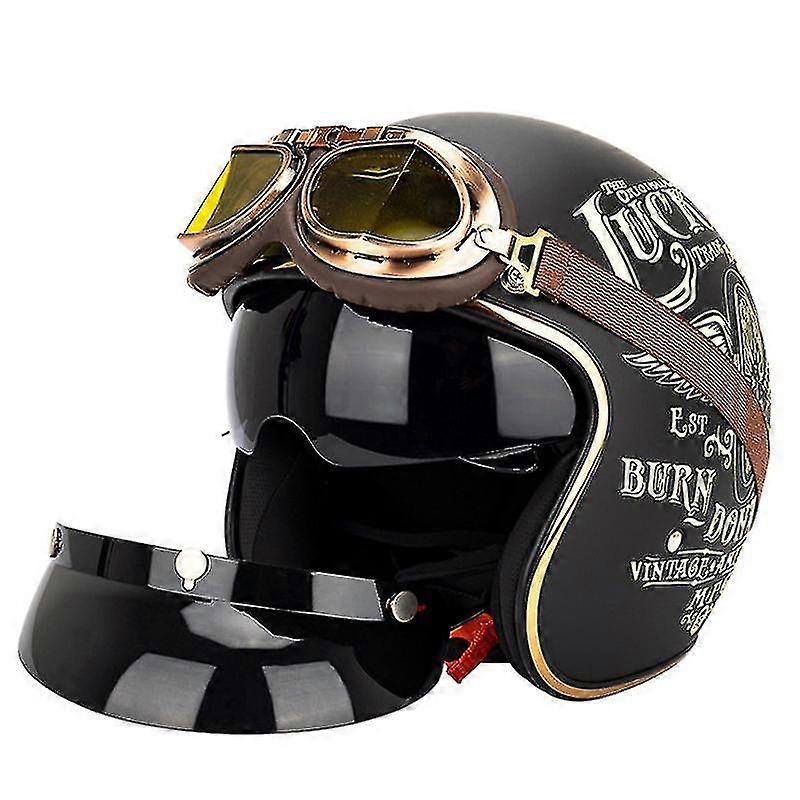 Kaski motocyklowe retro z otwartą twarzą 3/4 dla dorosłych z goglami i osłoną przeciwsłoneczną (lucky 13)