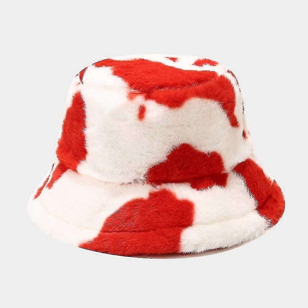 Cau De Pcheur - Femmes Hiver Vache Imprim Rou Cau De Seau, Soft Fluffy Peluche Cau Paissir Lar Bord Casquette De Pcheur Ant Vinta