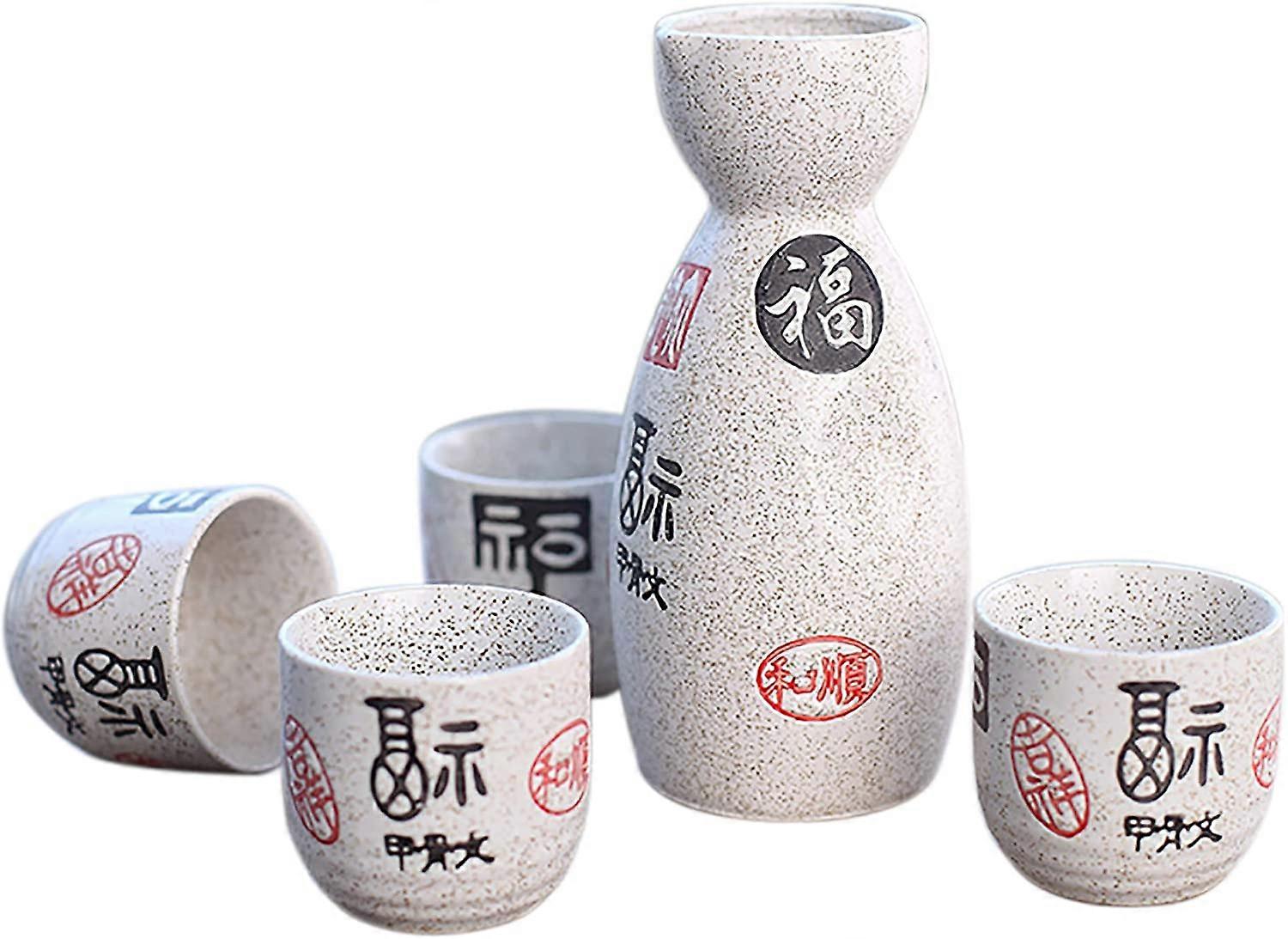 Japán Sake Szolgáltatás - 4 csésze 1 kerámia porcelán karafe kanji minta ázsiai ideogram