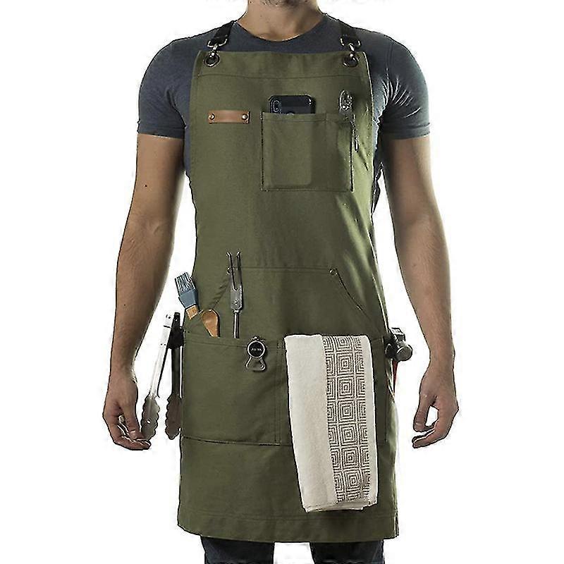 Chef, Bbq And Work Apron With Bottle Opener And Hand Towel - Durable 10oz Cotton Canvas, Brass Hardware And Cross Back Straps - Snngv