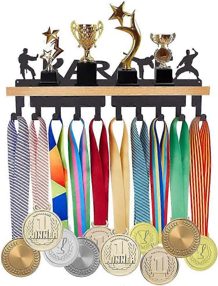 Karate Medal Hanger Display Trophy Shelf Wooden Trophy Shelf with 10 Iron Hooks Wall Mount Sports Race Medal Ribbon Display Holder Rack Trophy Display