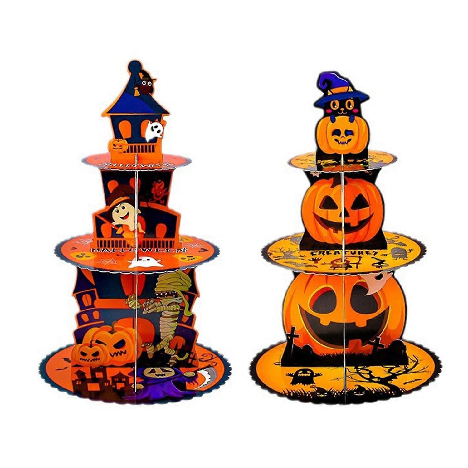 [安德在线]（组合采购：HH3-1 万圣节南瓜蛋糕架+HH3-2 万圣节鬼屋蛋糕架）2pcs万圣节南瓜多层蛋糕架装饰3D纸质蛋糕托盘