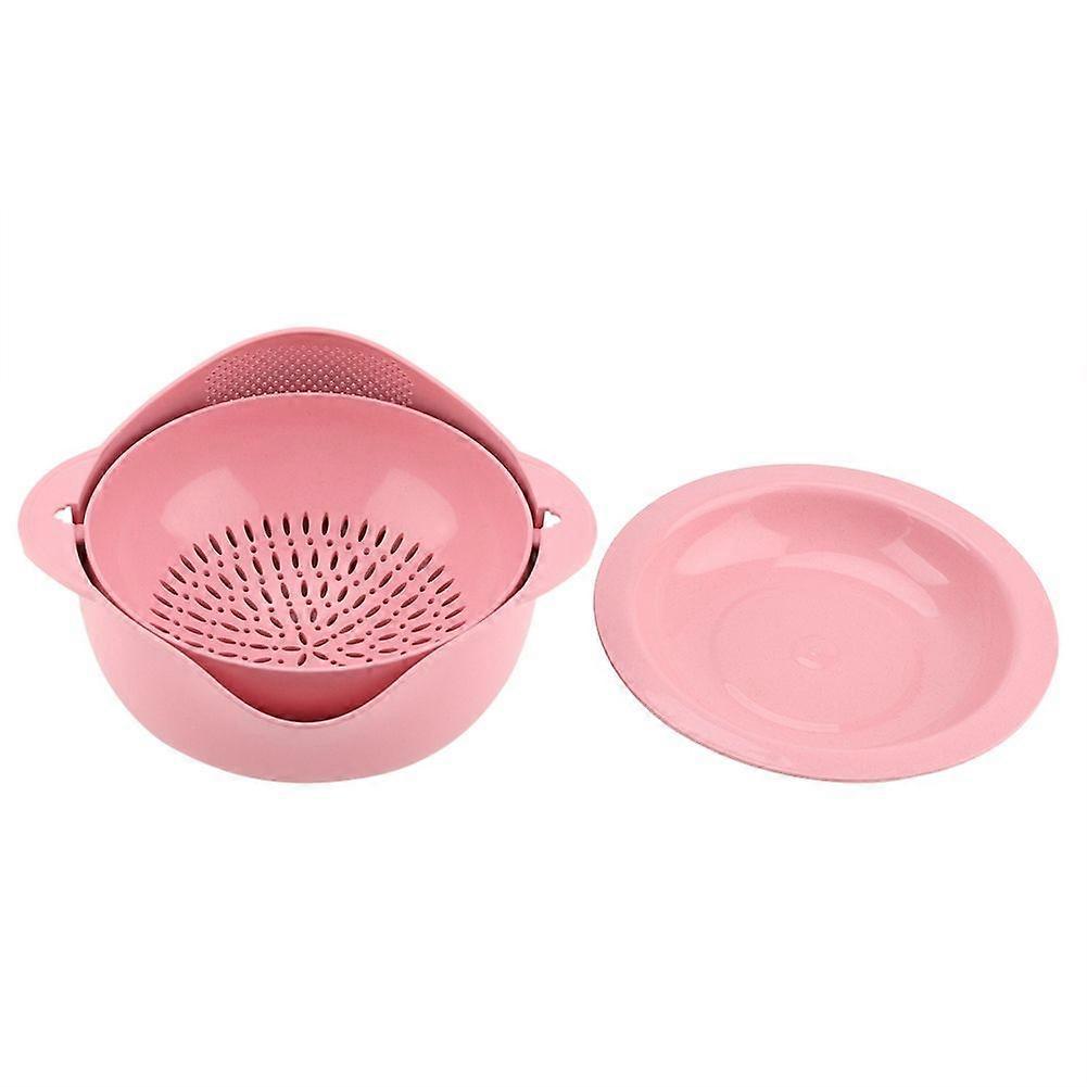 Wheat Straw Rotation Draining Basket Double-layer Hollow Vegetables Drainer Kitchenware Pink S