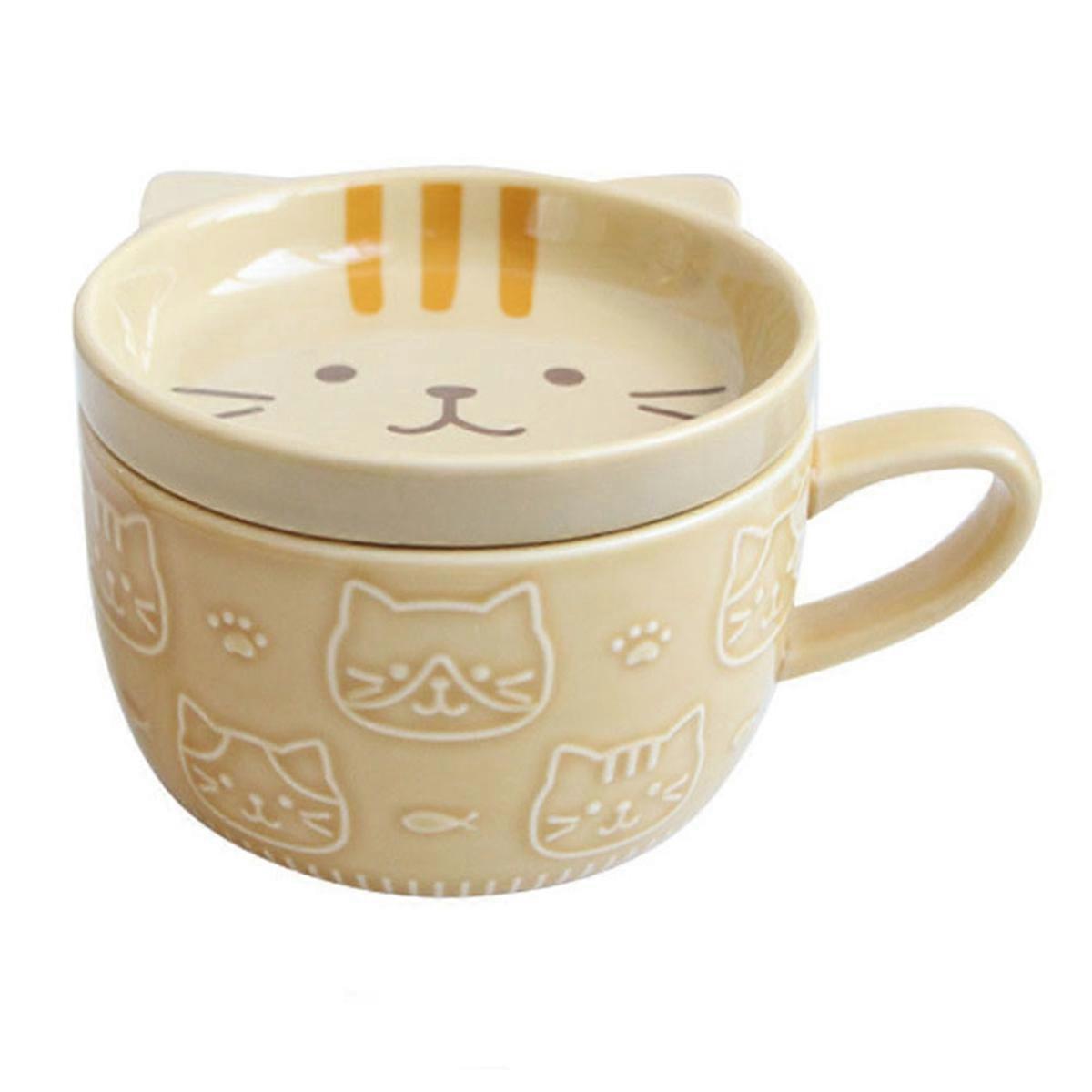 فنجان قهوة القطط الكرتوني الياباني اللطيف مع غطاء - كوب حليب الإفطار الخزفي للأزواج ، مثالي للاستخدام المنزلي والمكتبي ب