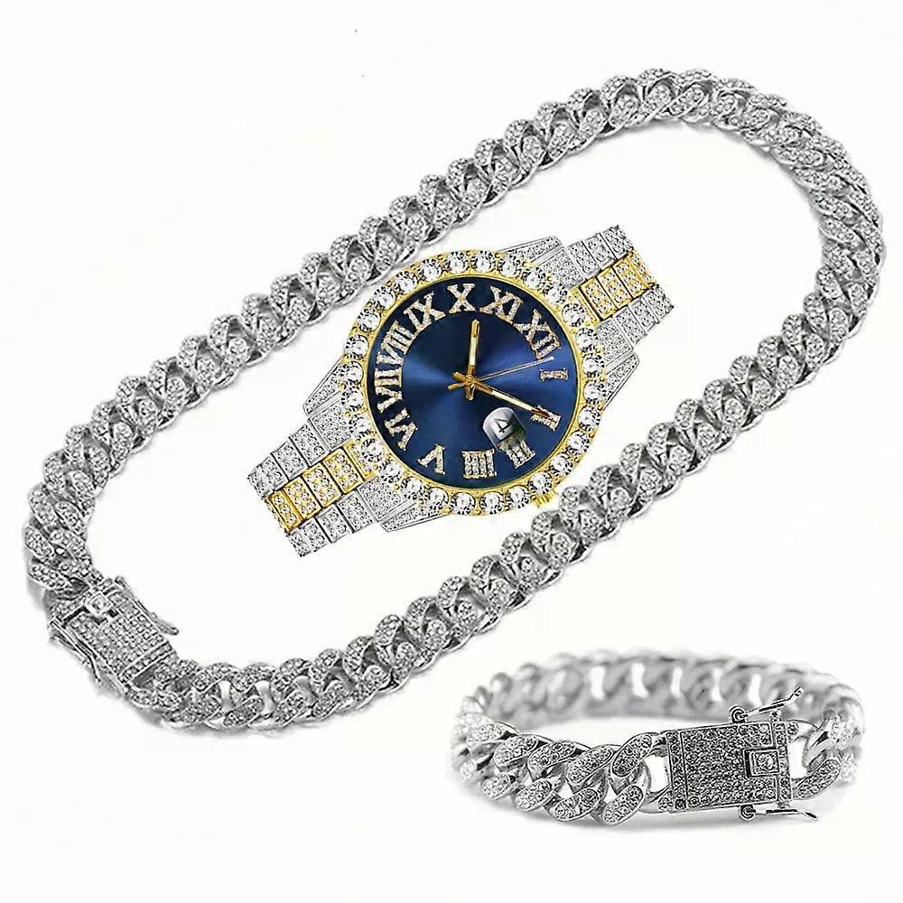 Full Iced Out Watch Mens Cuban Link Chain Bracelet Choker Bling Bijoux Pour Hommes Big Gold Chains Hip Hop Hommes Montre Set