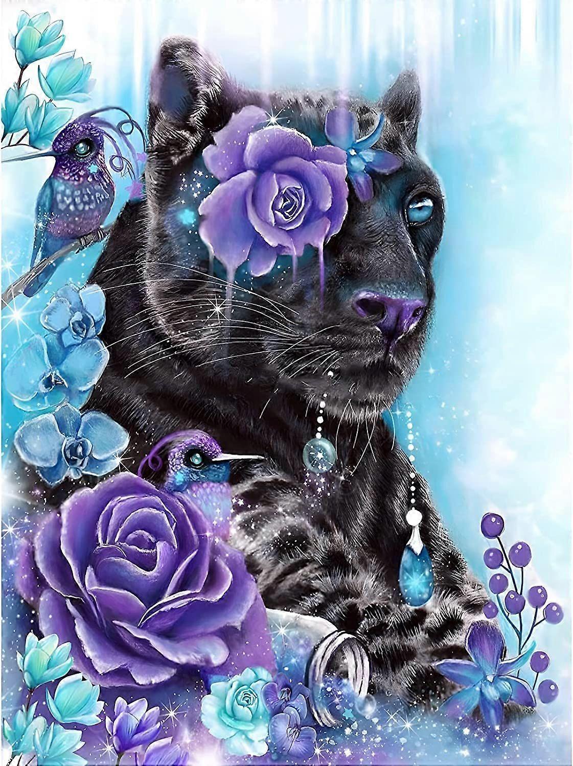 Kit complet de broderie diamant 5D à faire soi-même, motif tigre et fleurs violettes