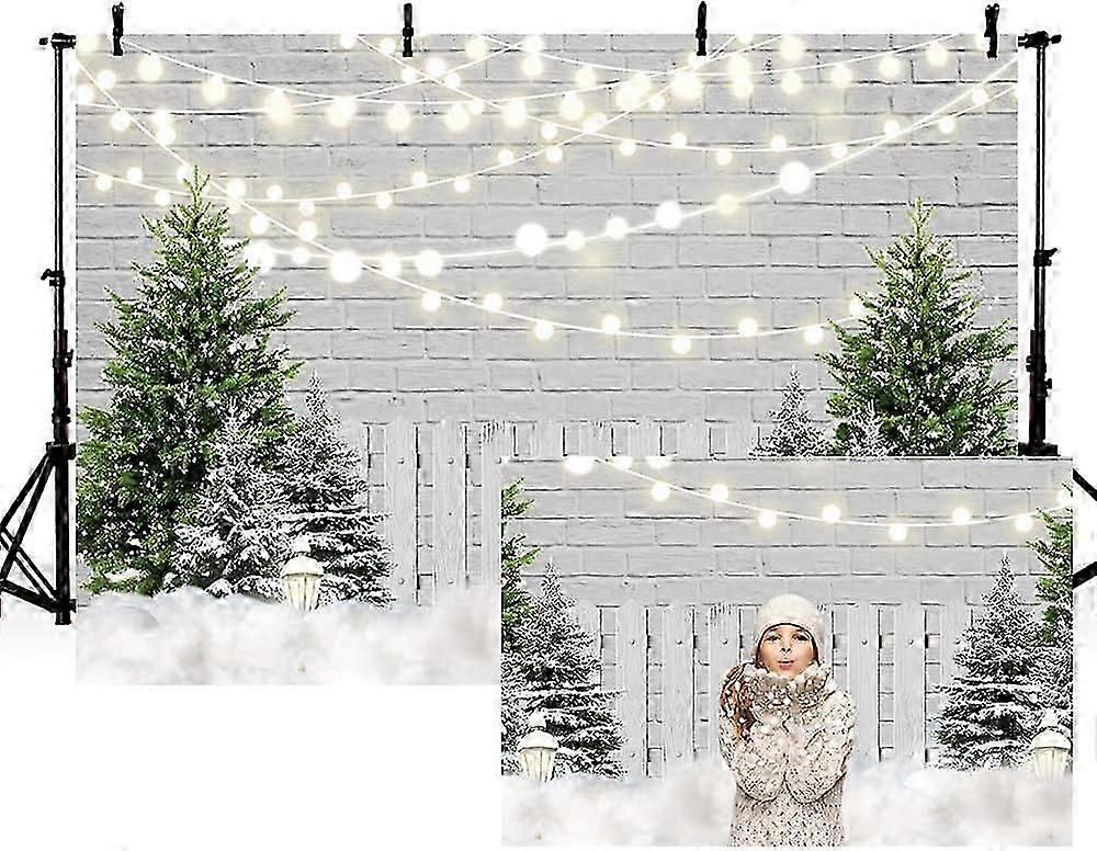 7x5ft Winter Christmas Backdrop White Brick Wall Fence Cedar Outdoor Snow Scene Photography Background Xmas Party Decoration Banner