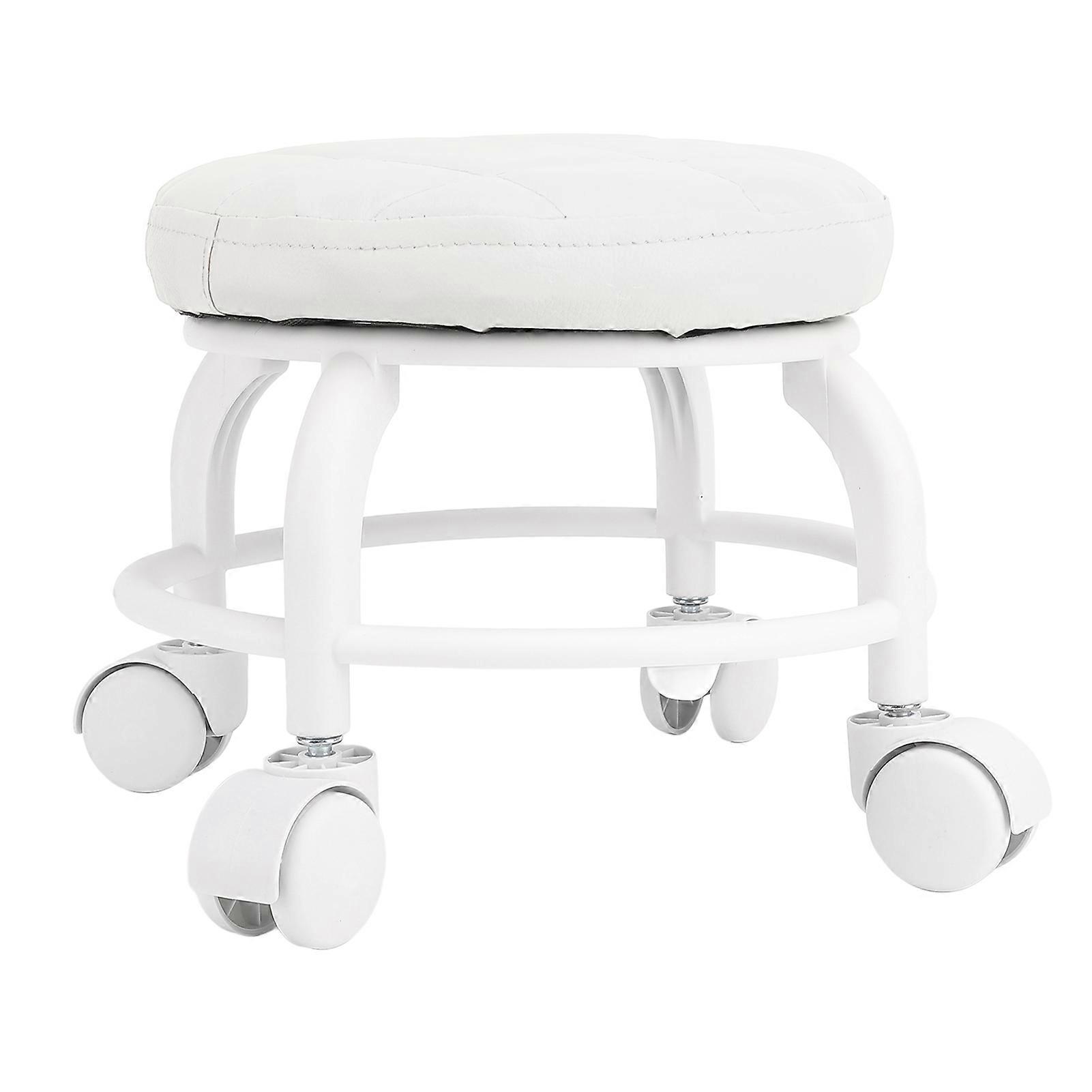 Low Swivel Stool in Faux Leather with Casters, Low Seat, Quiet, Round, for Home, Office, Garage, Workshop, White