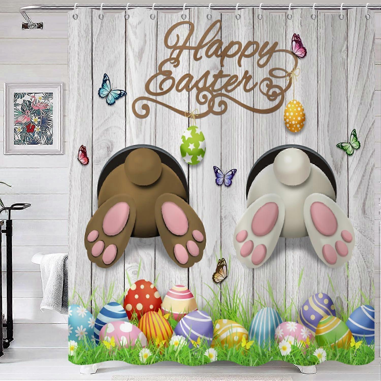 Funny Rabbit Wooden Shower Curtain - Colorful Easter Egg Design with Butterflies, 36"W x 72"L Home Decor