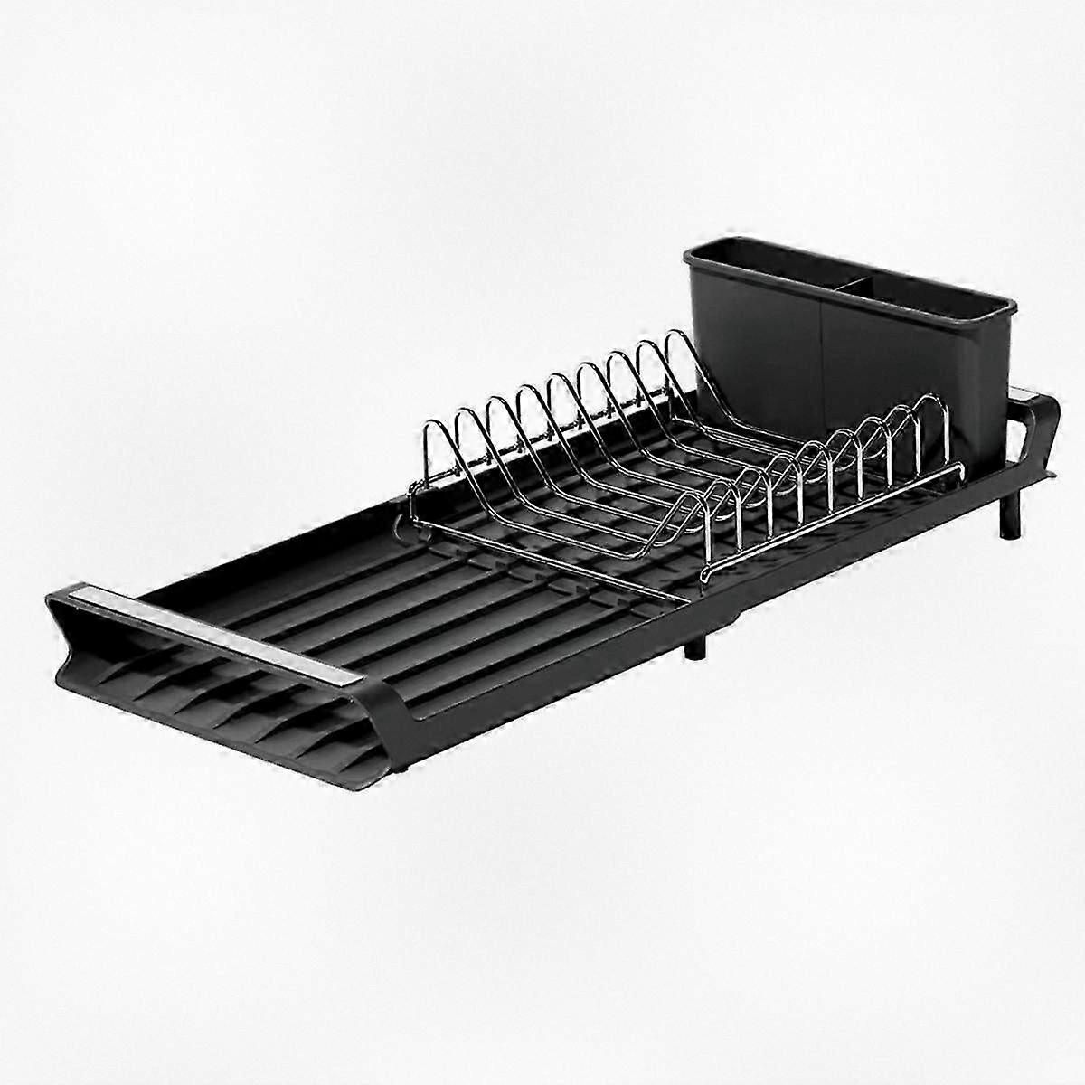 Adjustable Dish Drying Rack with Drain Tray, Sink Storage Organizer for Tableware, Includes 2 Utensil Containers