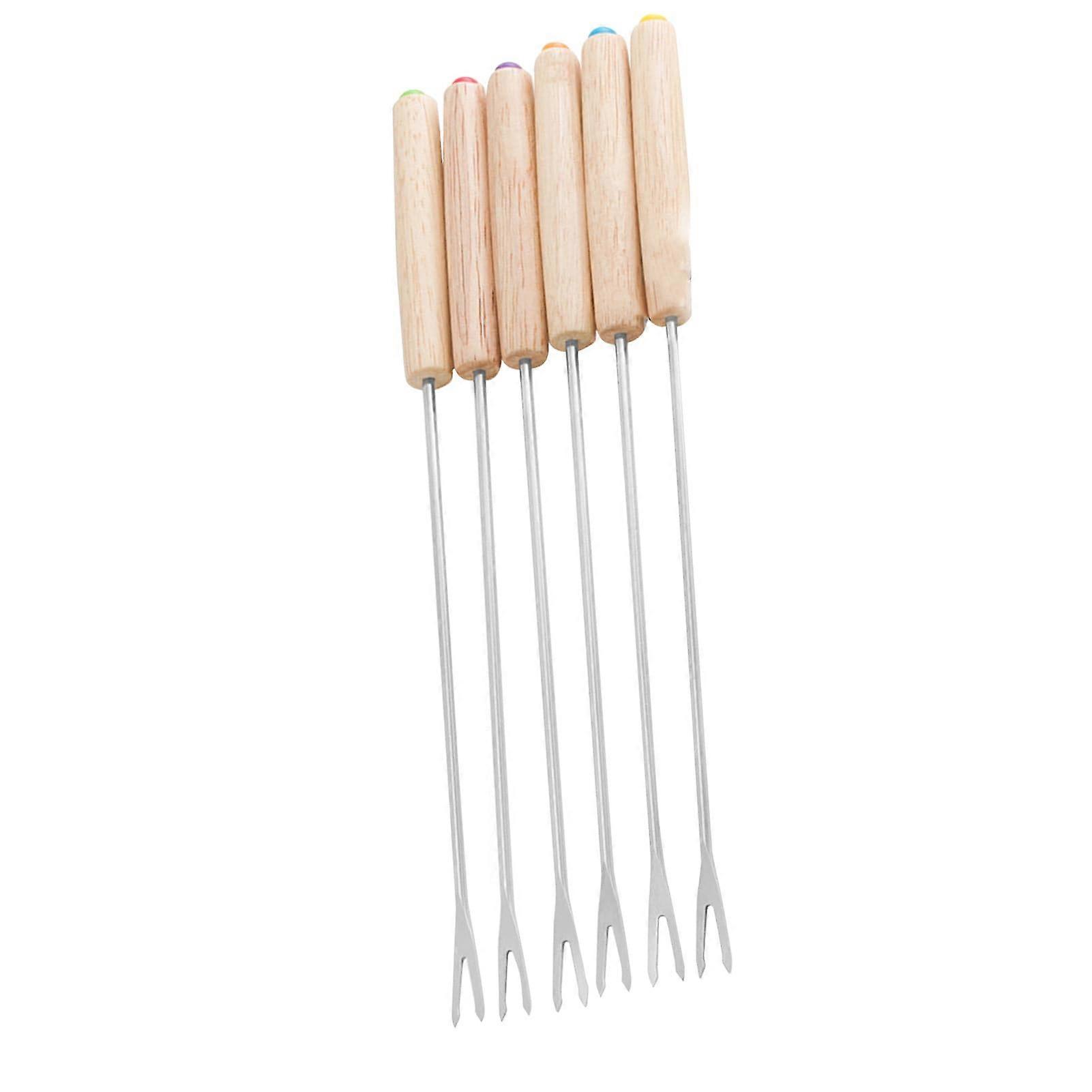 Stainless Steel Fondue Forks Set - 6 Heat Resistant Cheese and Smores Sticks with Wooden Handles for Dessert and Fruit