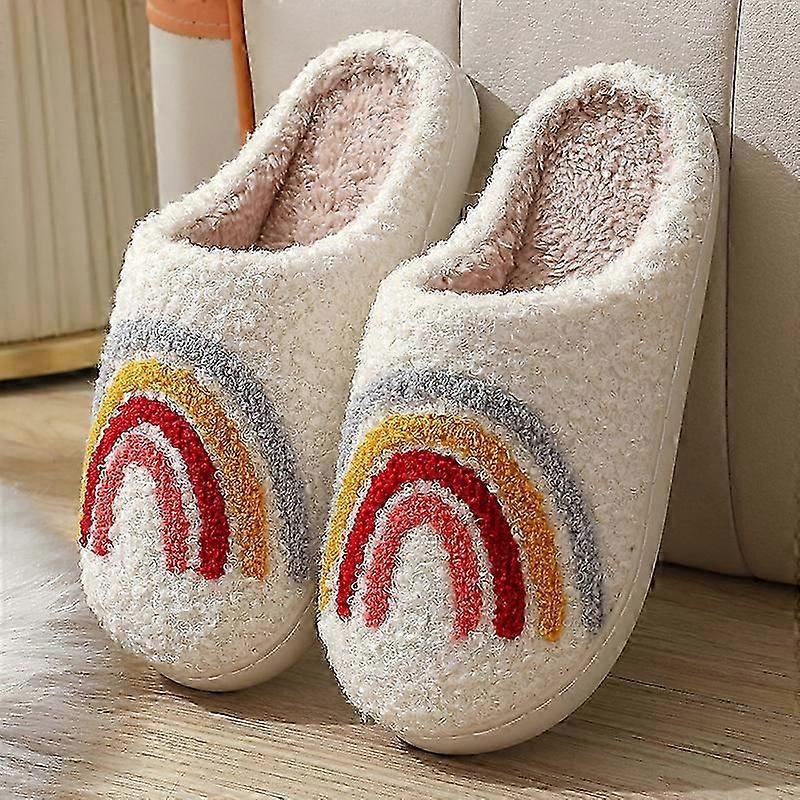 Popular Colorful Rainbow Plush Slippers for Women Cartoon Cute Smiling Face and Heart Design