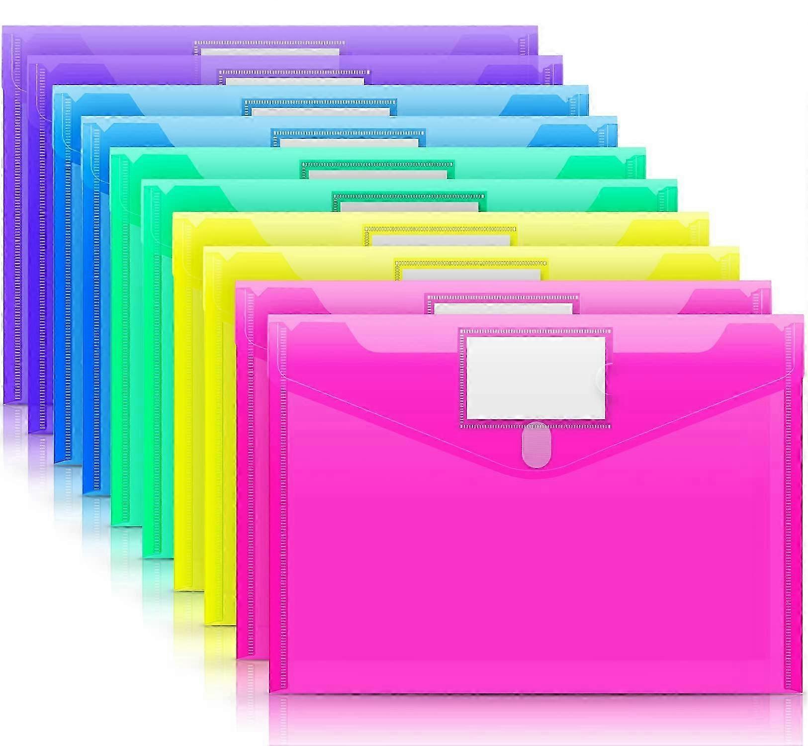 10 Pack Plastic Envelopes, Clear Document Folders for A4 US Letter Size with Label Pocket, Assorted Colors