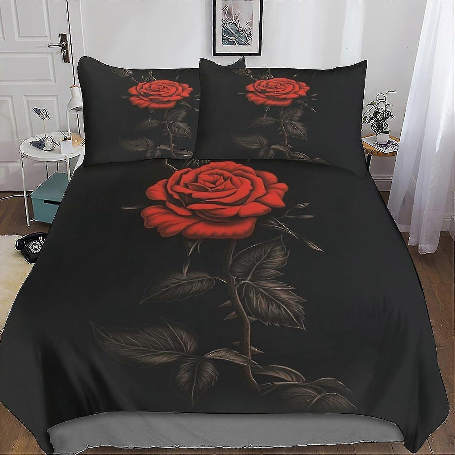 3D Printed Red Roses Quilt Cover 3PCs Flower Duvet Bedding Set with Microfiber and Hidden Zipper with Pillowcases