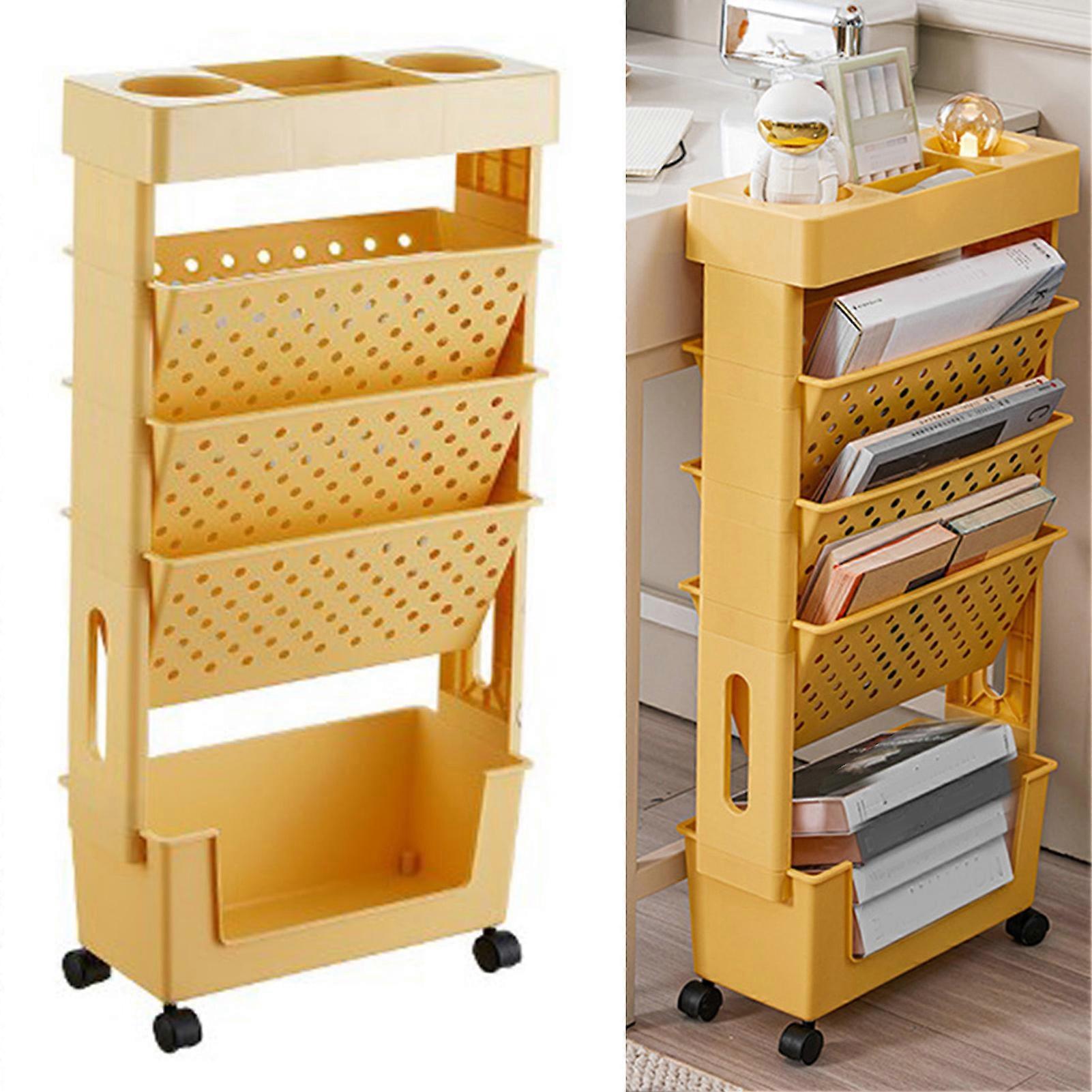 Movable Bookshelf Multilayer Capacity Rotatable Removable Plastic Practical Rolling Organization Shelf with Wheel Orange