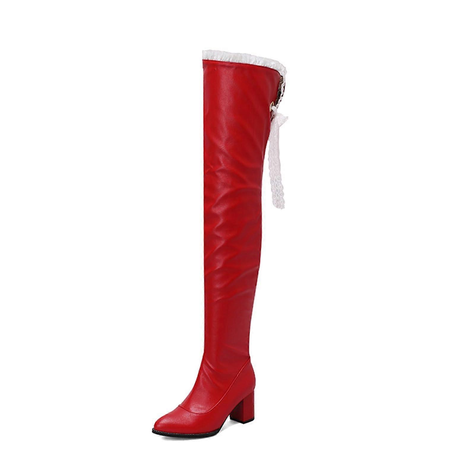 6.5 cm/2.55 inches, large size, autumn and winter, overtheknee boots, thick heels, laceup, pointed toe boots, EU 48, red.