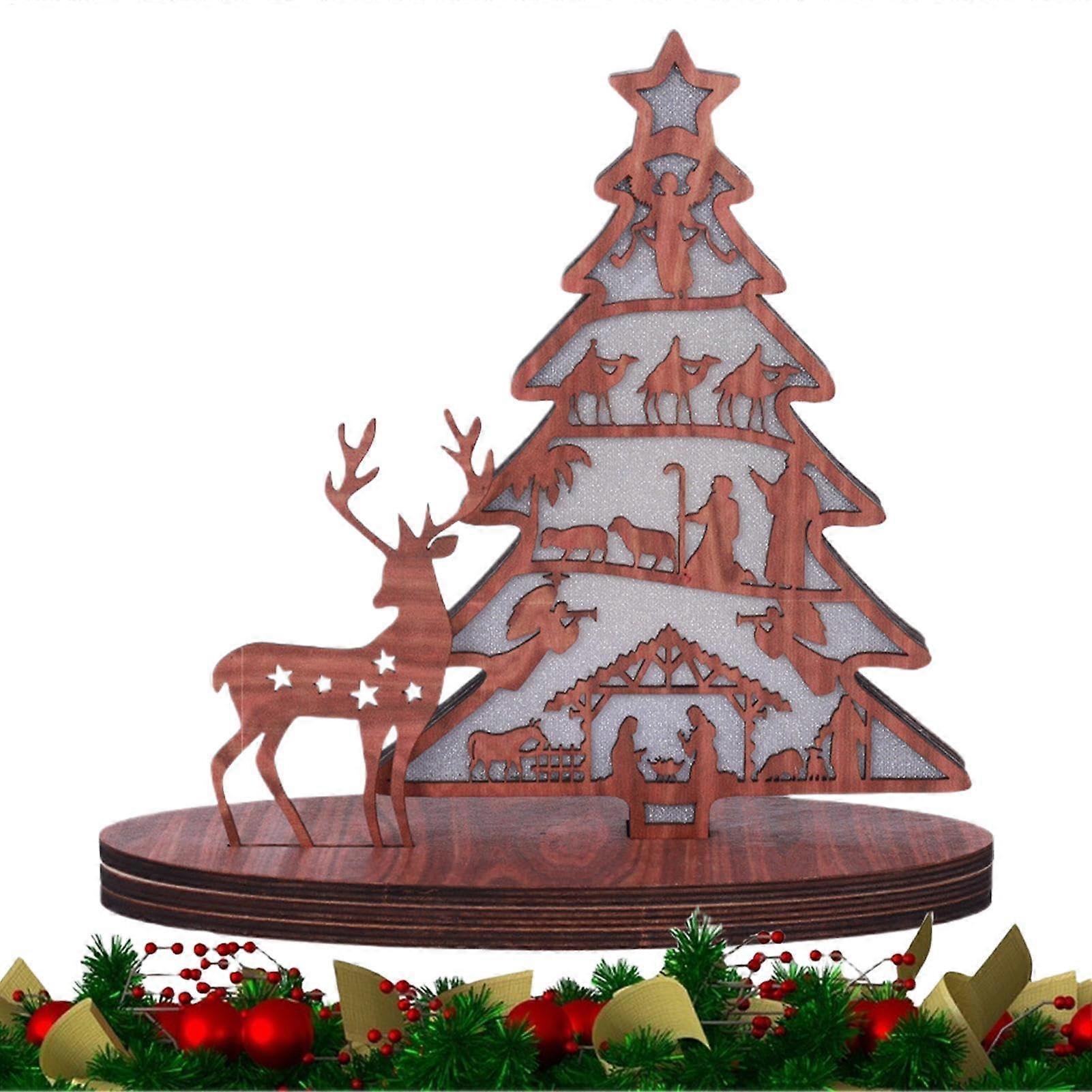 Nativity Scene Wooden Figure Light Up - Rustic Wood Tabletop Decor for Desktop, 12 Inch Handcrafted Figurine