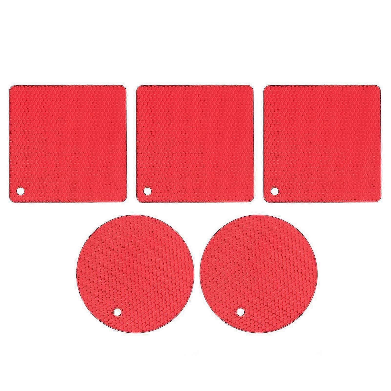 5 PCS 2 Round 3 Square Silicone Honeycomb Mat Multipurpose Hot Pads for Hot Dishes Tables Red