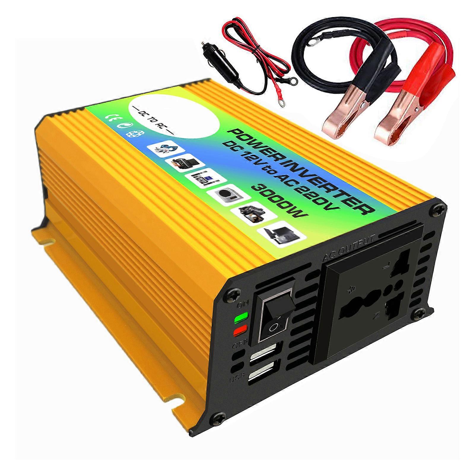 3000W Modified Sine Wave Power Inverter DC 12V to AC 220V High Frequency Converter with 2.1A Dual USB Car Charger and Battery Clips