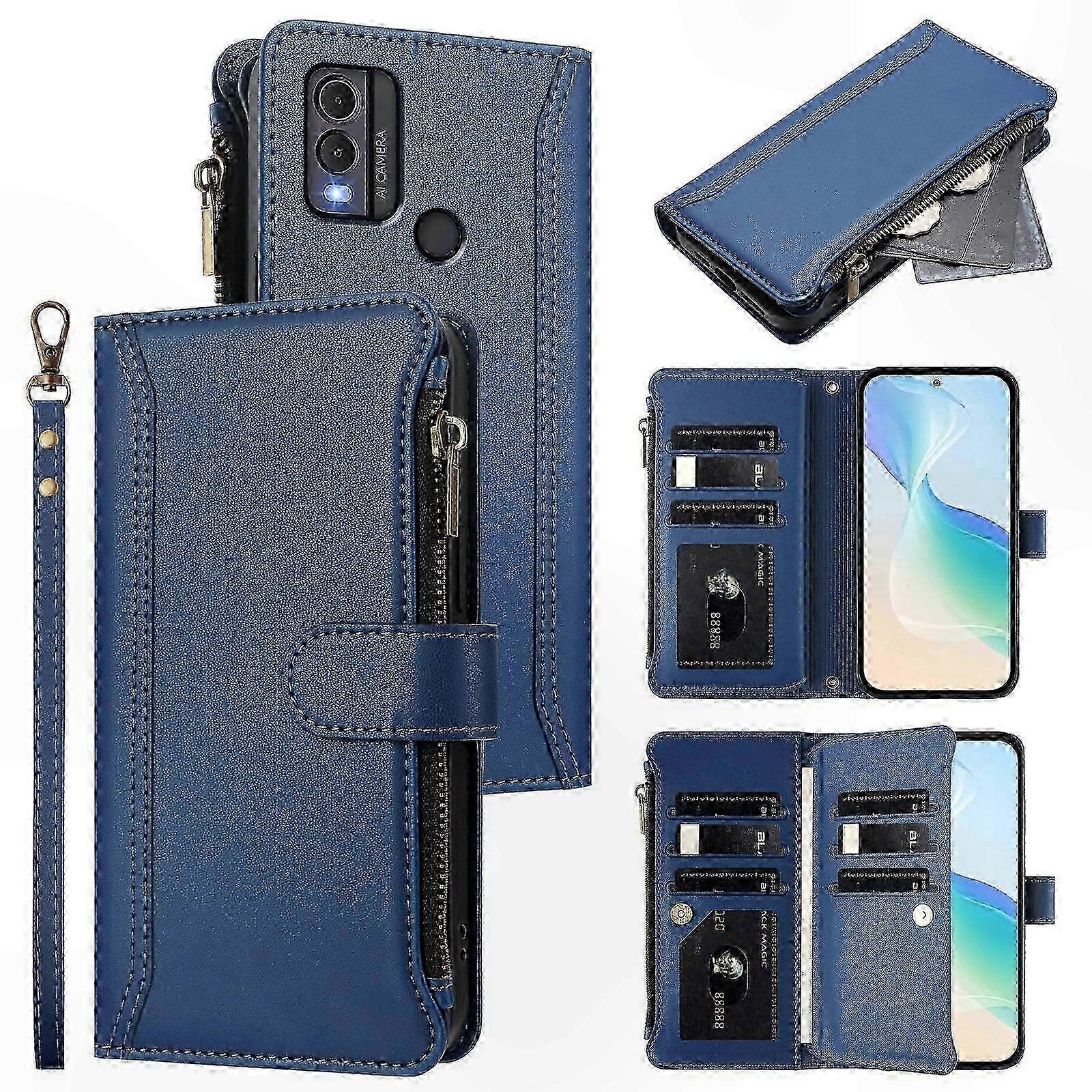 Magnetic Closure Leather Zipper Case with Hand Strap and Card Slots