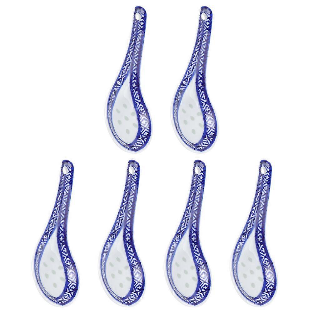 Blue Ceramic Chinese Style Soup Spoons for Kitchen Use 6Pcs Set