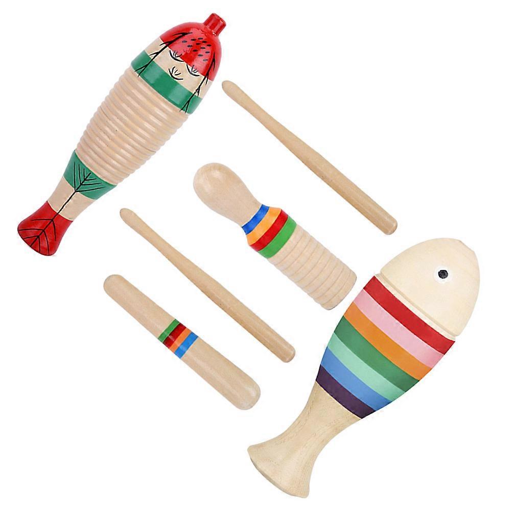 Wooden Guiro Percussion Instrument for Children 3Sets with Sticks Assorted Color