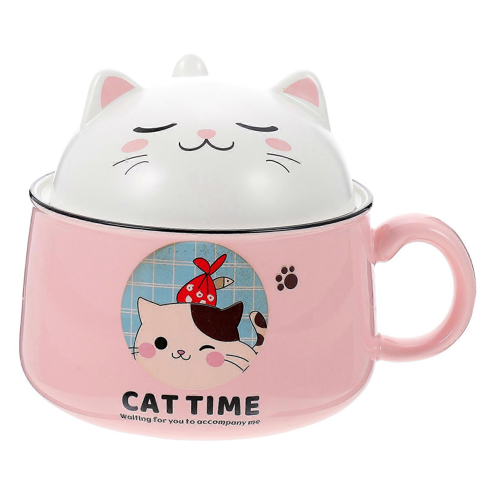 Cat Ceramic Bowl for Soup with Handle Decorative Cartoon Pink