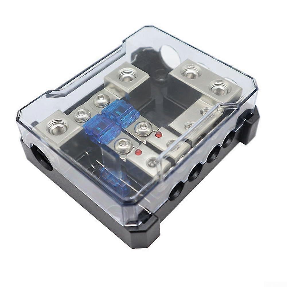 4Way Audio Fuse Box Distribution Block, 60A Fuses, Vehicle/Boat Audio, HeatRes Cover, 1/0 AWG  2x4 AWG In, 4x8 AWG Out