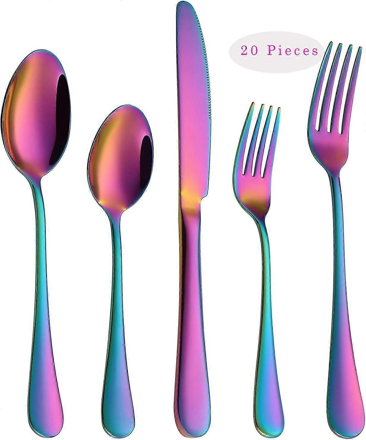 Rainbow Flatware Cutlery Silverware Set 20 Pieces, Stainless Steel Colorful