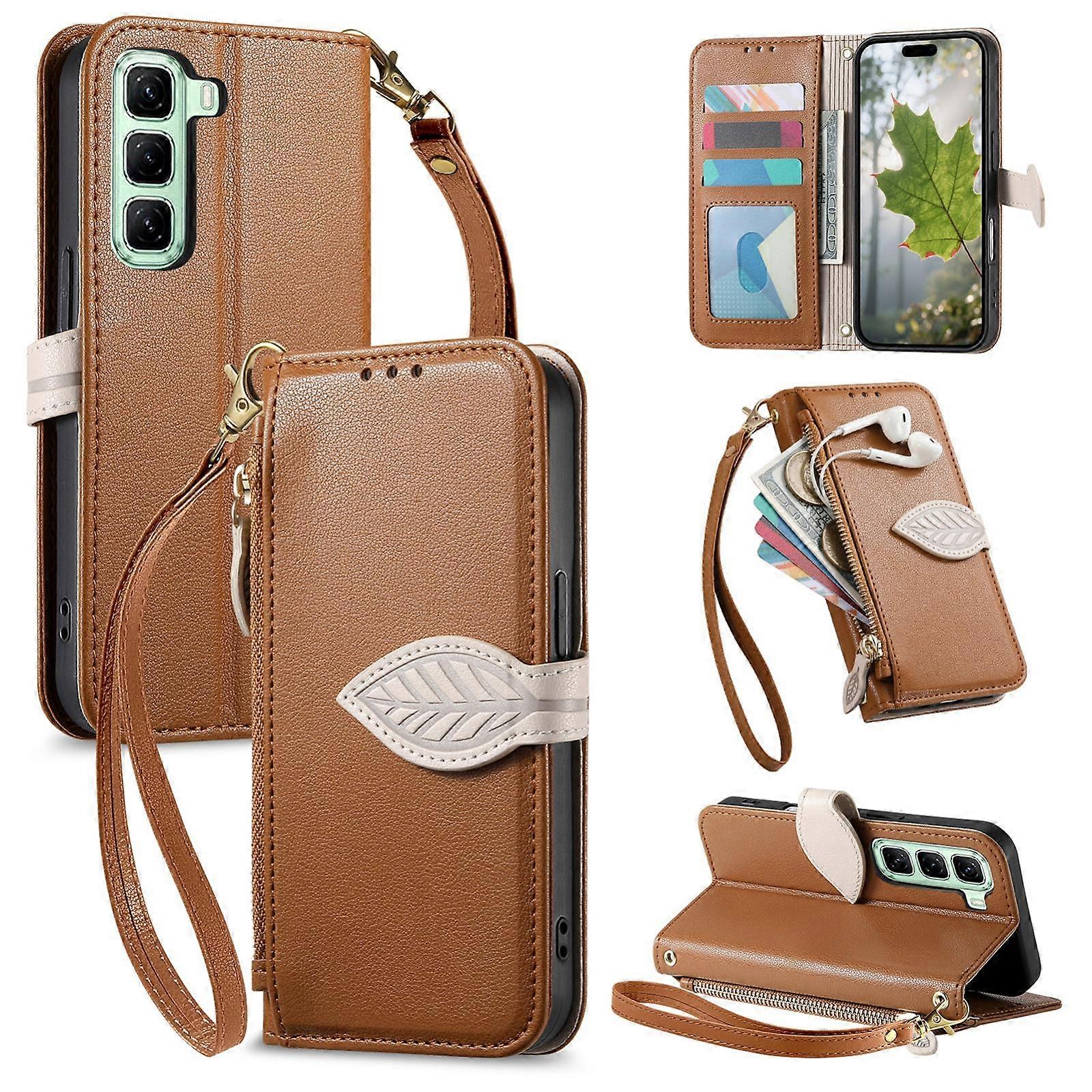 Leaf Buckle Zipper Wallet Leather Phone Case with Strap