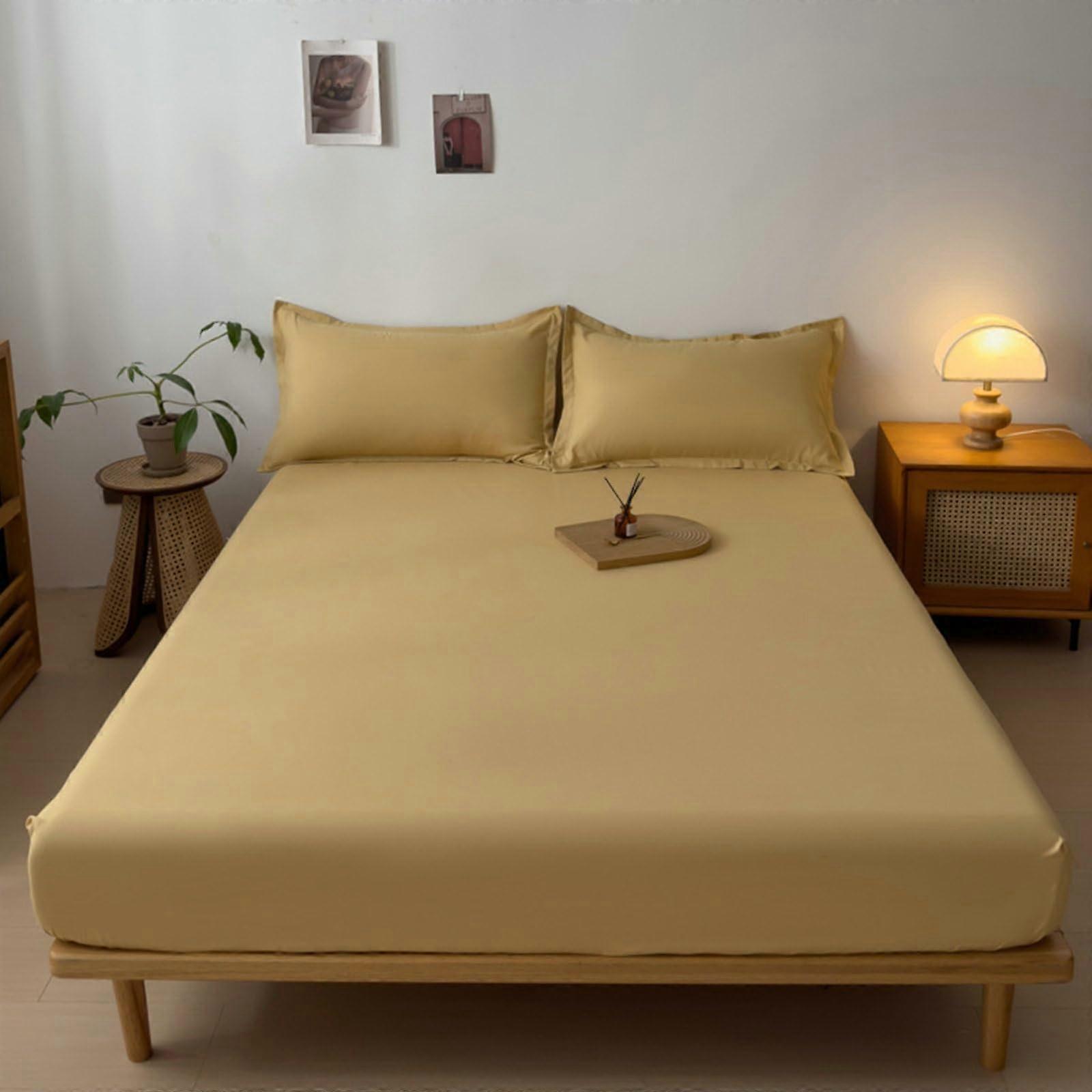 Cotton Fitted Single Bed Sheet 90x200cm Khaki Solid Color Soft Deep Pocket 10cm